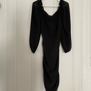 Black Ruched Midi Gown with Long Bishop Sleeves